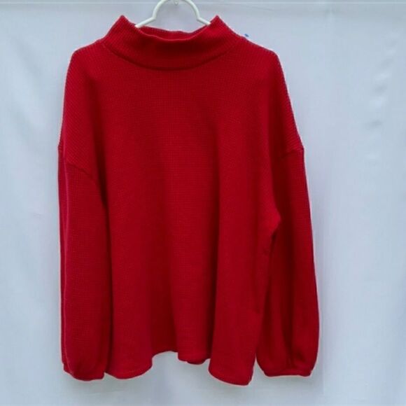 Take 50% OFF- Ava & Viv Waffle Knit Monk Neck Red Sweater, Size-1X - Picture 2 of 7